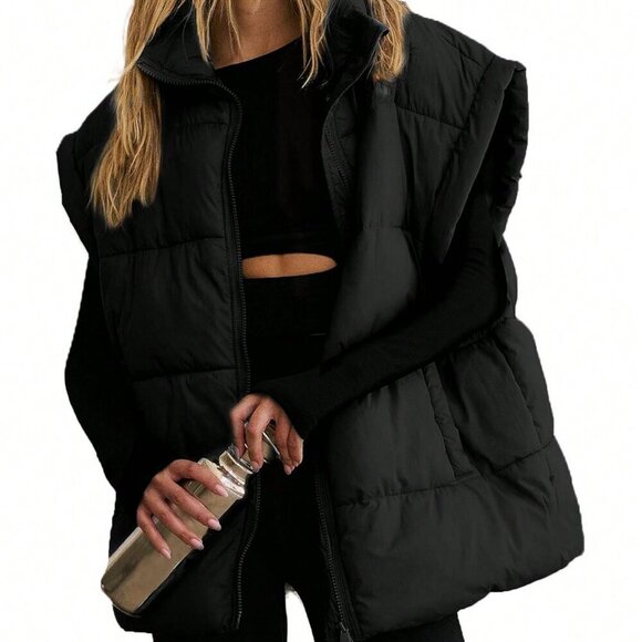 Jackets & Blazers - Black Casual Women's Stand Collar  Sleeveless Quilted puffer Vest Jacket